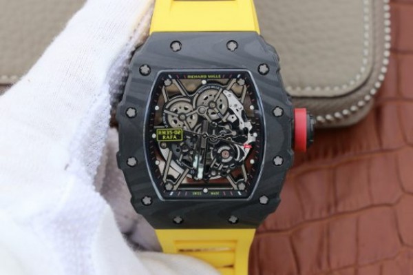 Richard Mille RM035-02 Rafael Nadal FC Titanium Case KVF Skeleton Dial Red Yellow Rubber Strap MIYOTA8215